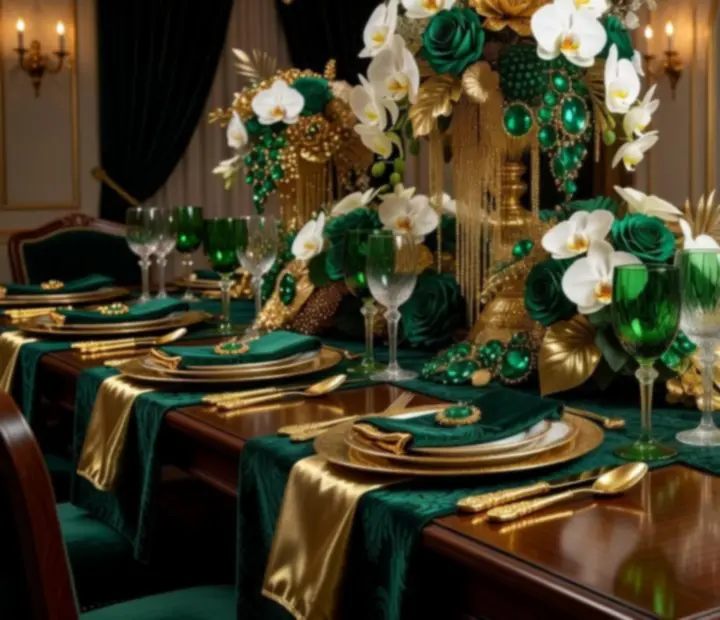 Ivory, arany és smaragdzöld dekorációval kialakított elegáns rendezvényterem